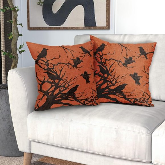 Set 2 Green Black Crow Pillow Covers 18" Square Pillows Crows Ravens Gothic New - Picture 11 of 12